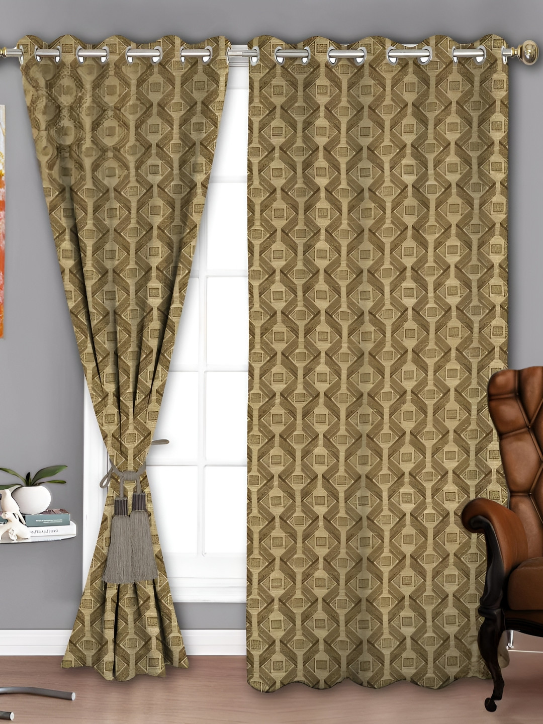 

Parda Sansar Green & Beige 2 Pieces Geometric Printed Room Darkening Window Curtains