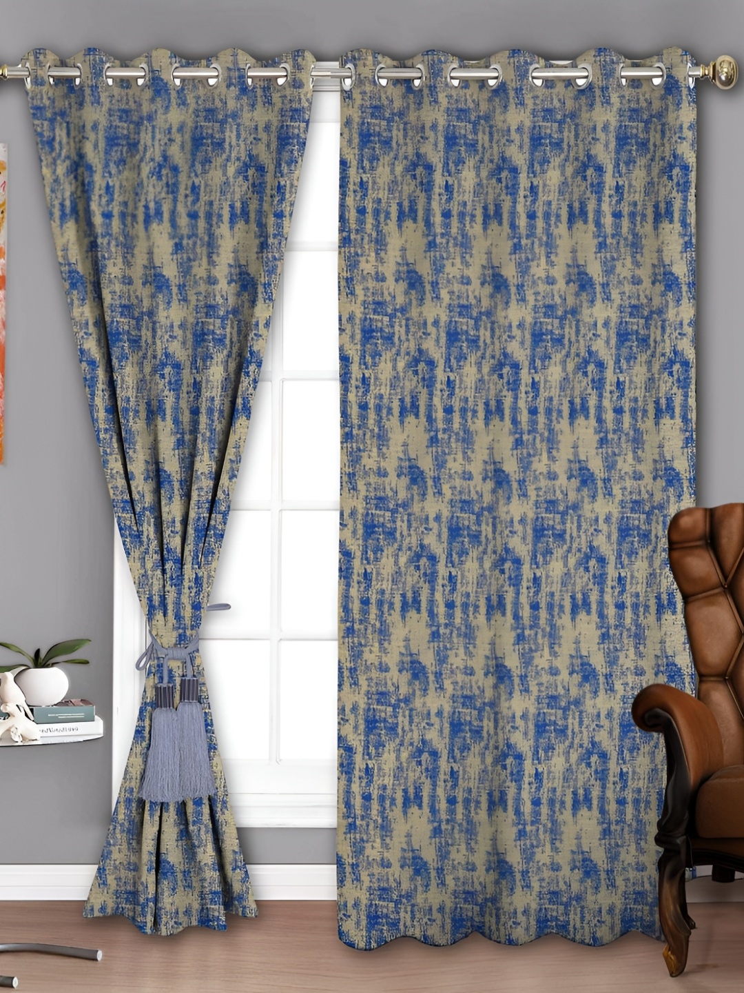 

Parda Sansar Beige & Blue 2 Pcs Ethnic Motifs Room Darkening Window Curtain