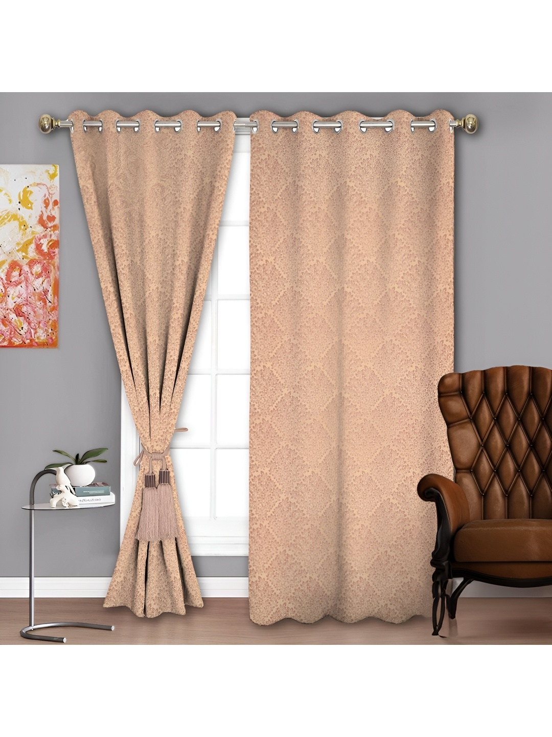 

Parda Sansar Peach & Beige 2 Pieces Floral Printed Room Darkening Long Door Curtains
