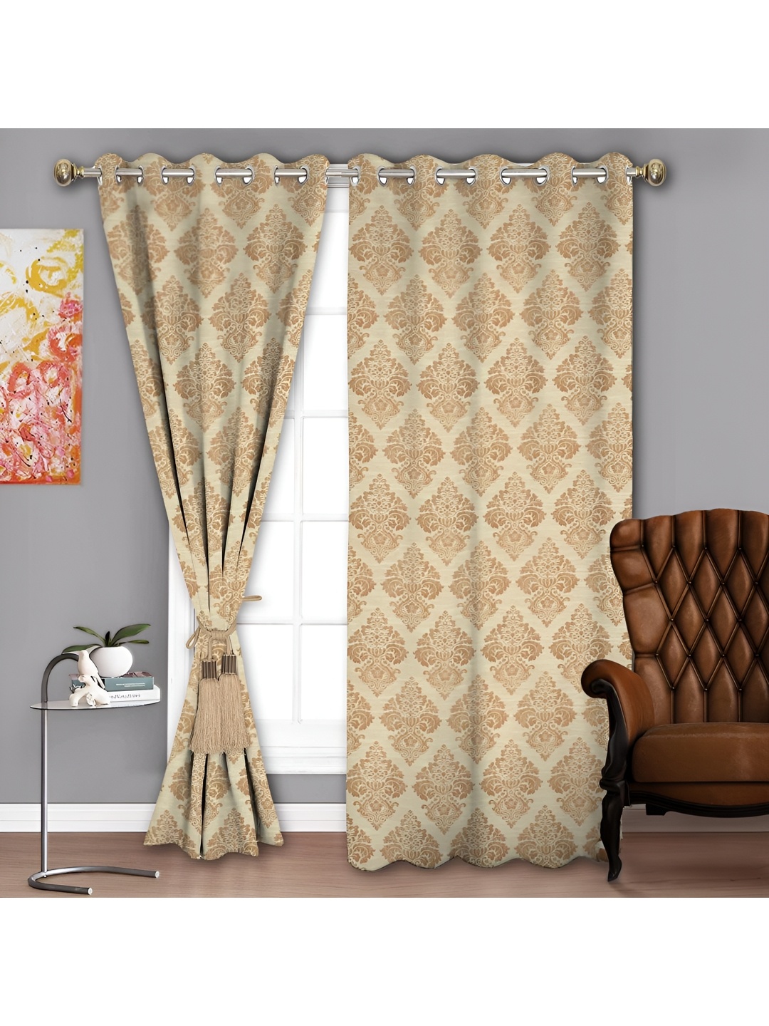 

Parda Sansar Beige 2 Pieces Ethnic Motifs Printed Room Darkening Long Door Curtains