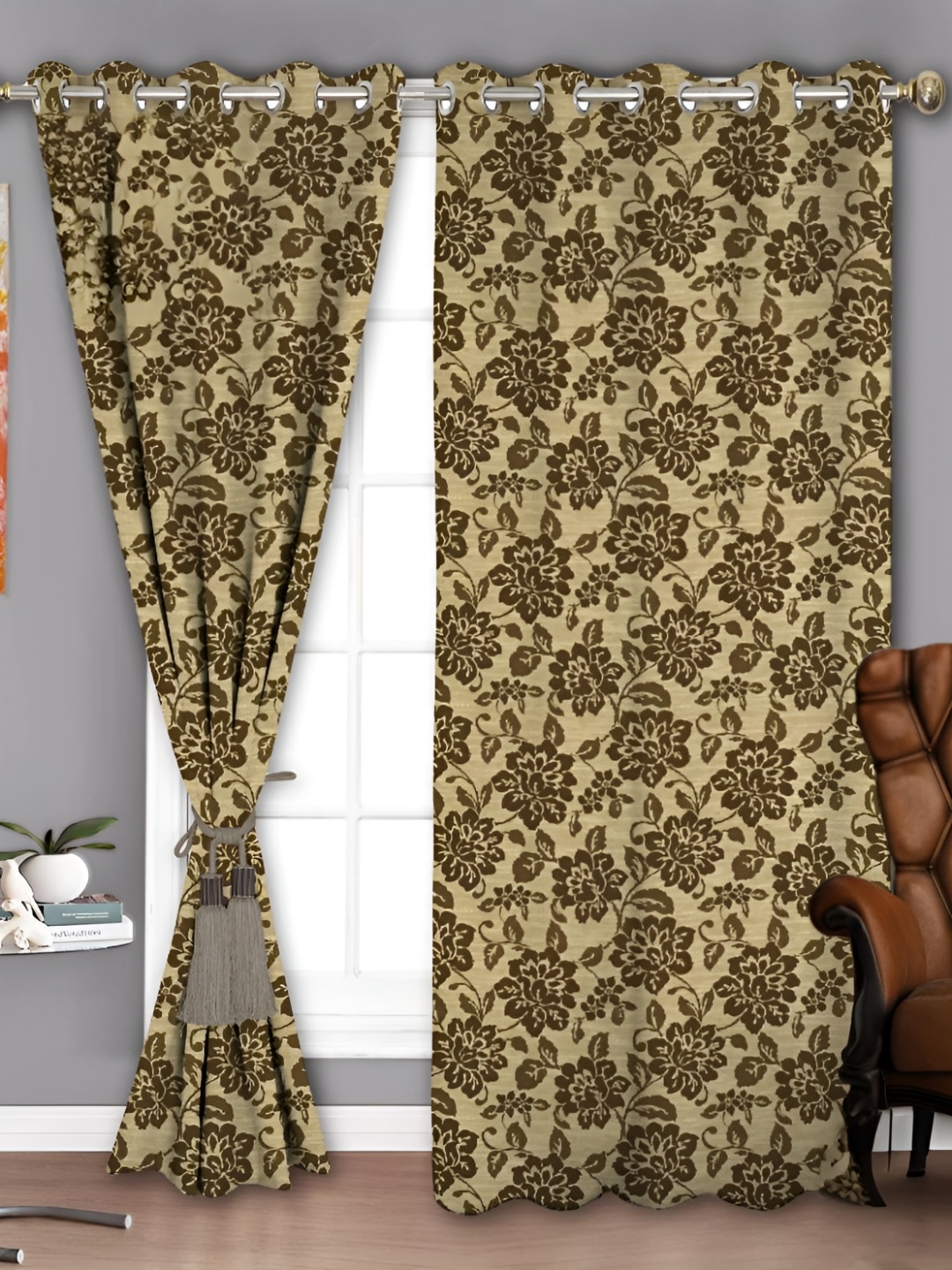 

Parda Sansar Beige & Brown 2 Pieces Floral Printed Room Darkening Window Curtains