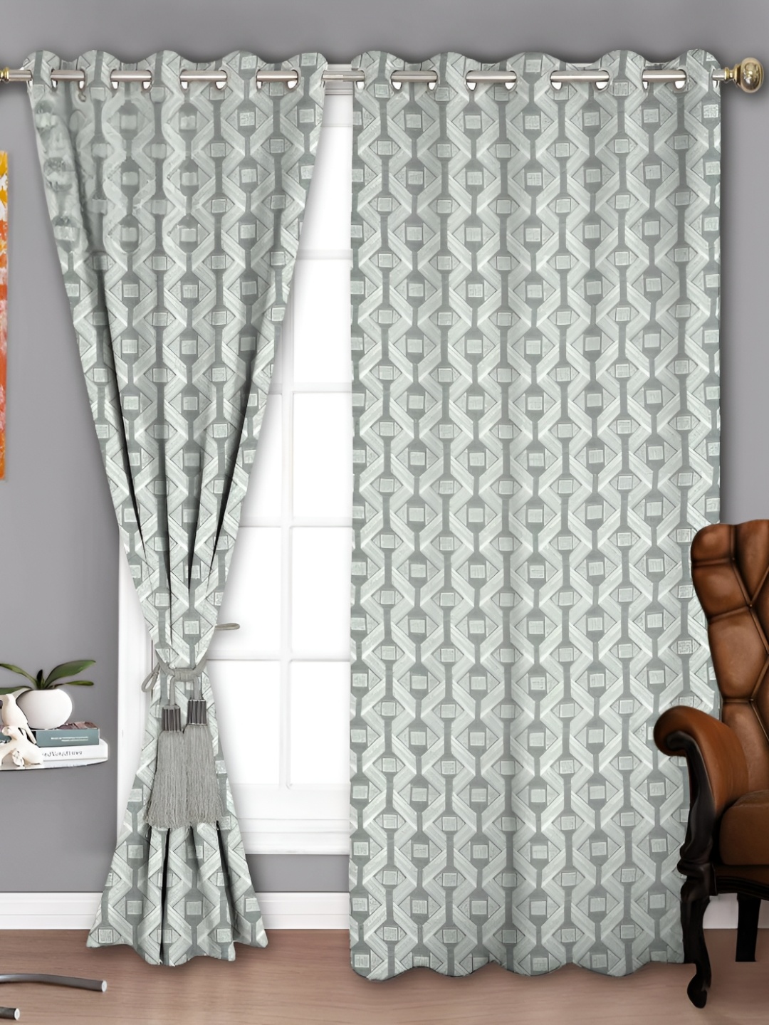 

Parda Sansar Green & White 2 Pieces Geometric Room Darkening Door Curtain