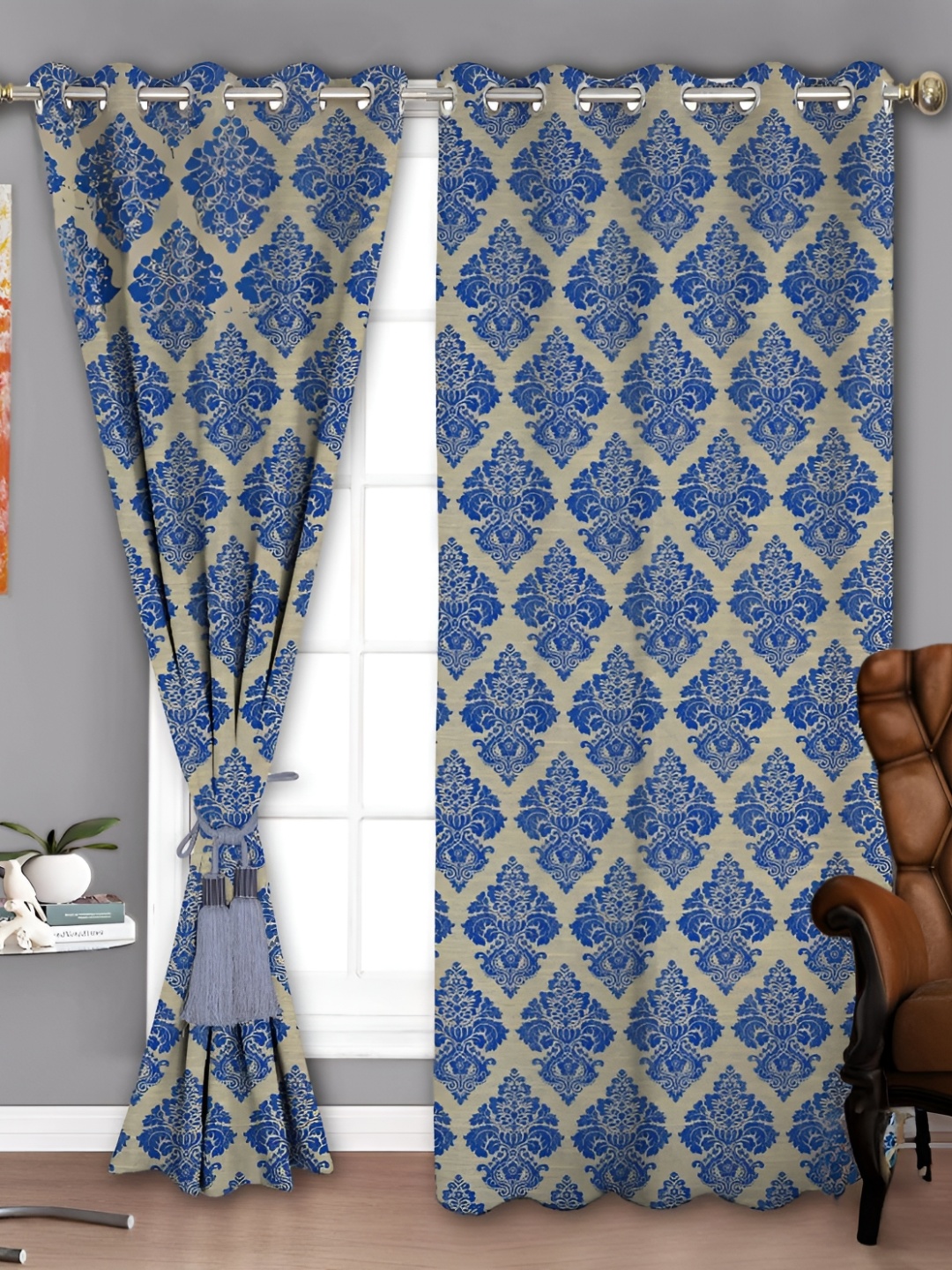

Parda Sansar Beige & Blue 2 Pieces Ethnic Motifs Printed Room Darkening Window Curtains