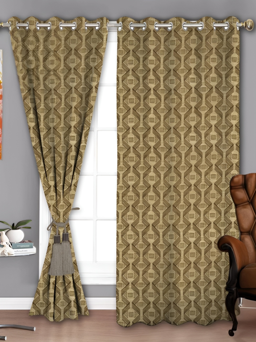 

Parda Sansar Green & Beige 2 Pieces Geometric Printed Room Darkening Long Door Curtains