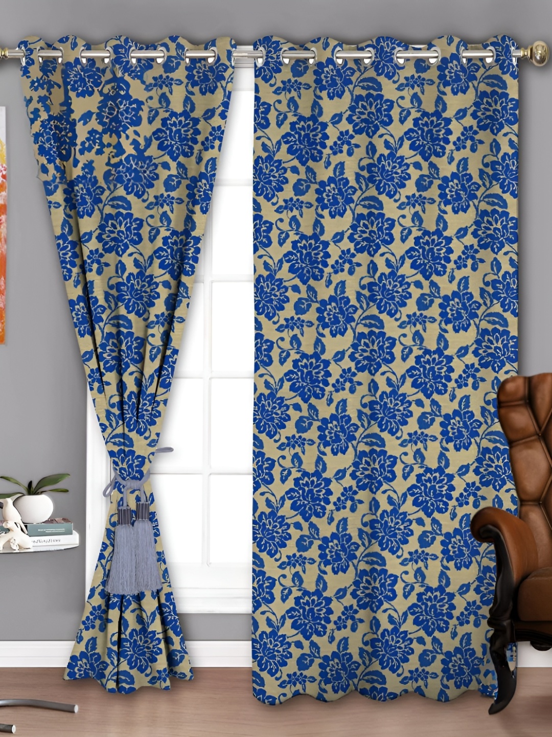 

Parda Sansar Beige & Blue 2 Pieces Floral Room Darkening Window Curtains