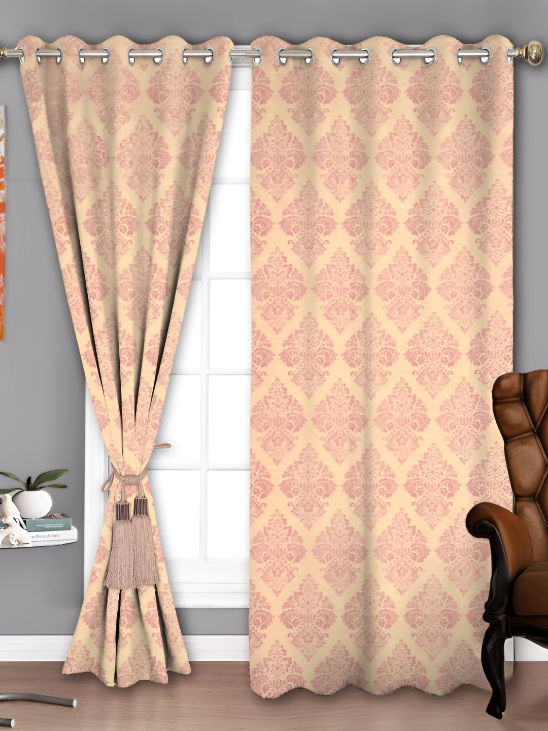 

Parda Sansar Beige & Pink 2 Pieces Ethnic Motifs Room Darkening Long Door Curtain