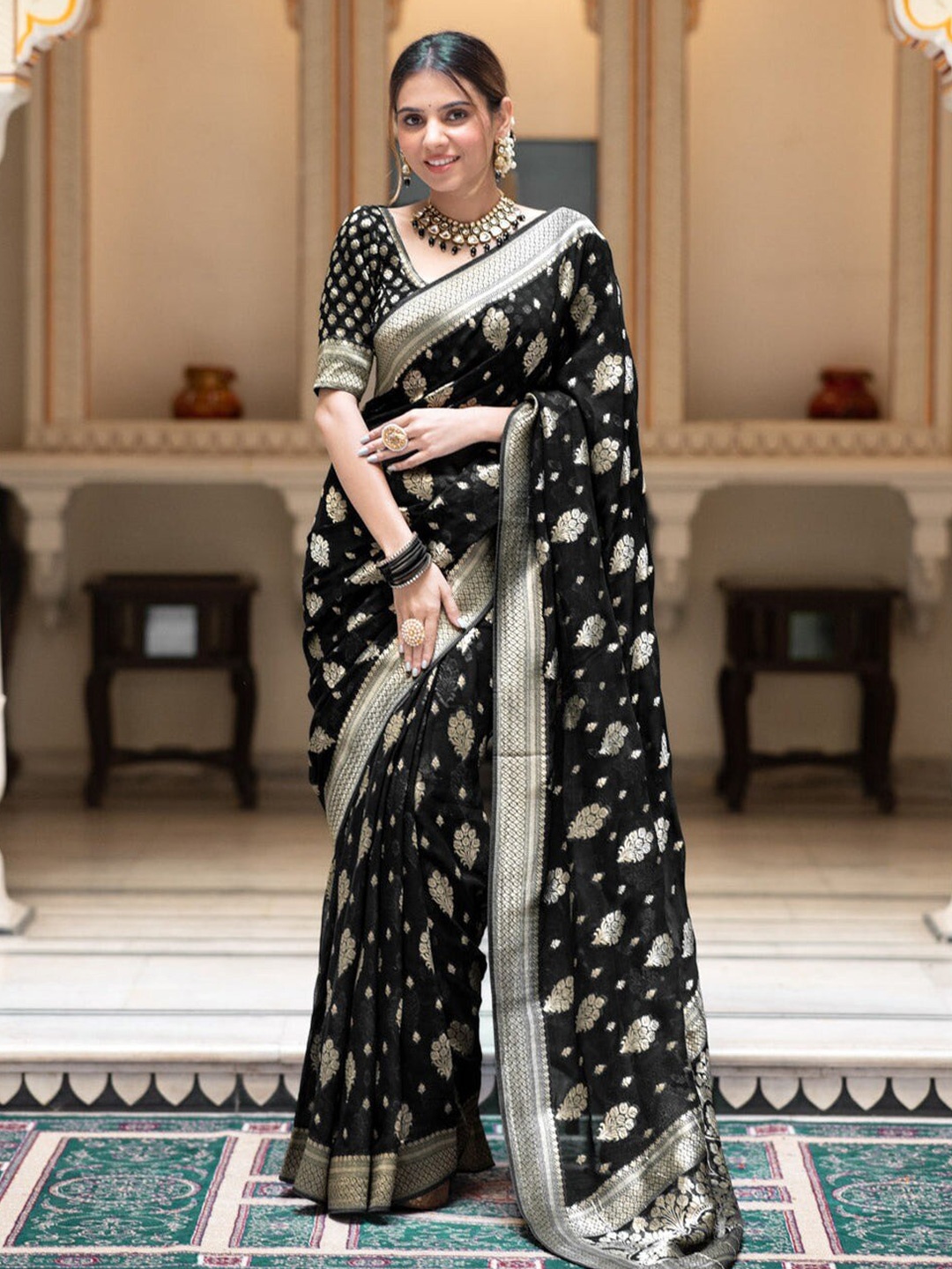 

GLORYANCE Ethnic Woven Design Zari Art Silk Banarasi Saree, Black