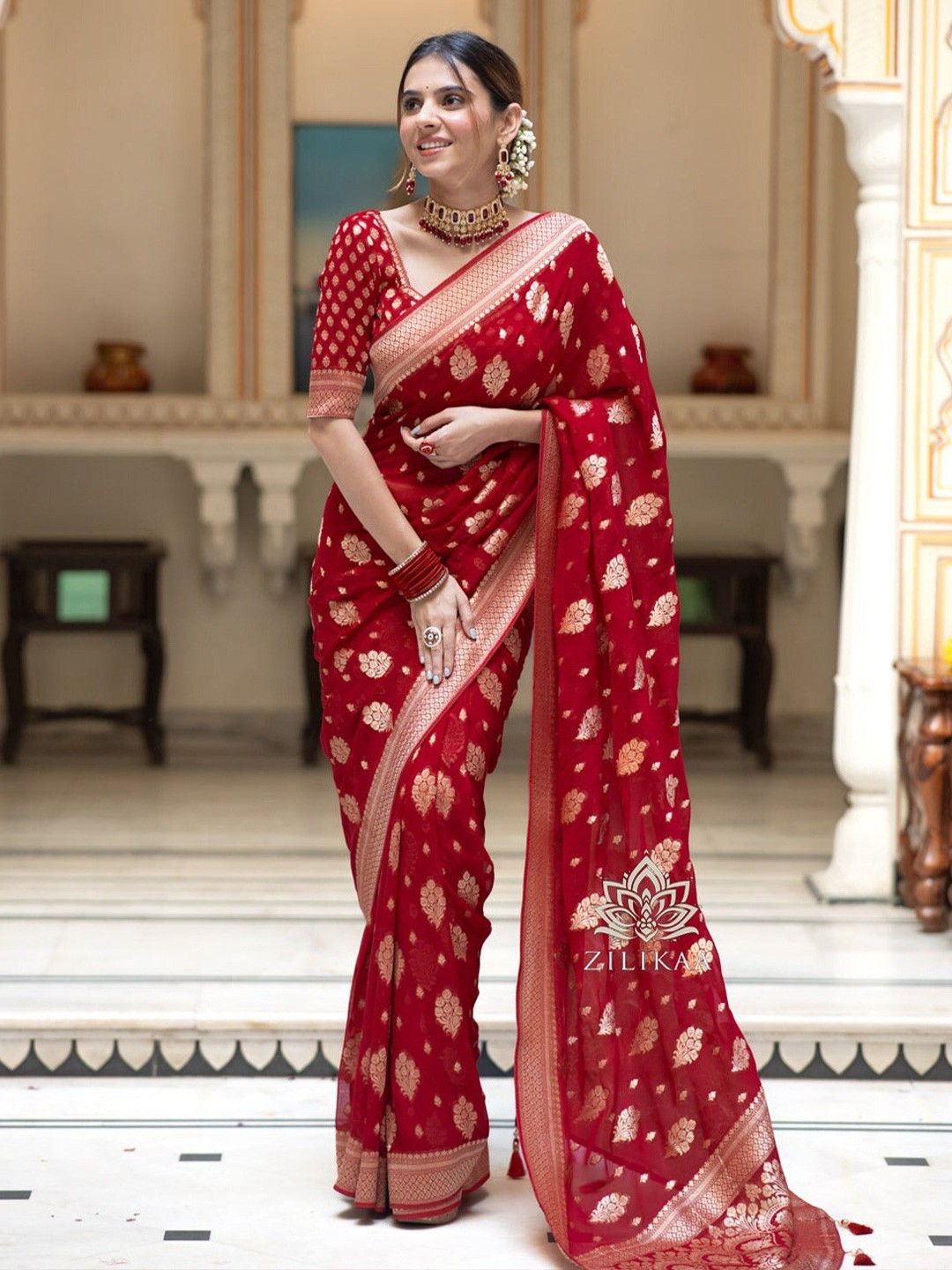 

GLORYANCE Ethnic Woven Design Zari Art Silk Banarasi Saree, Red