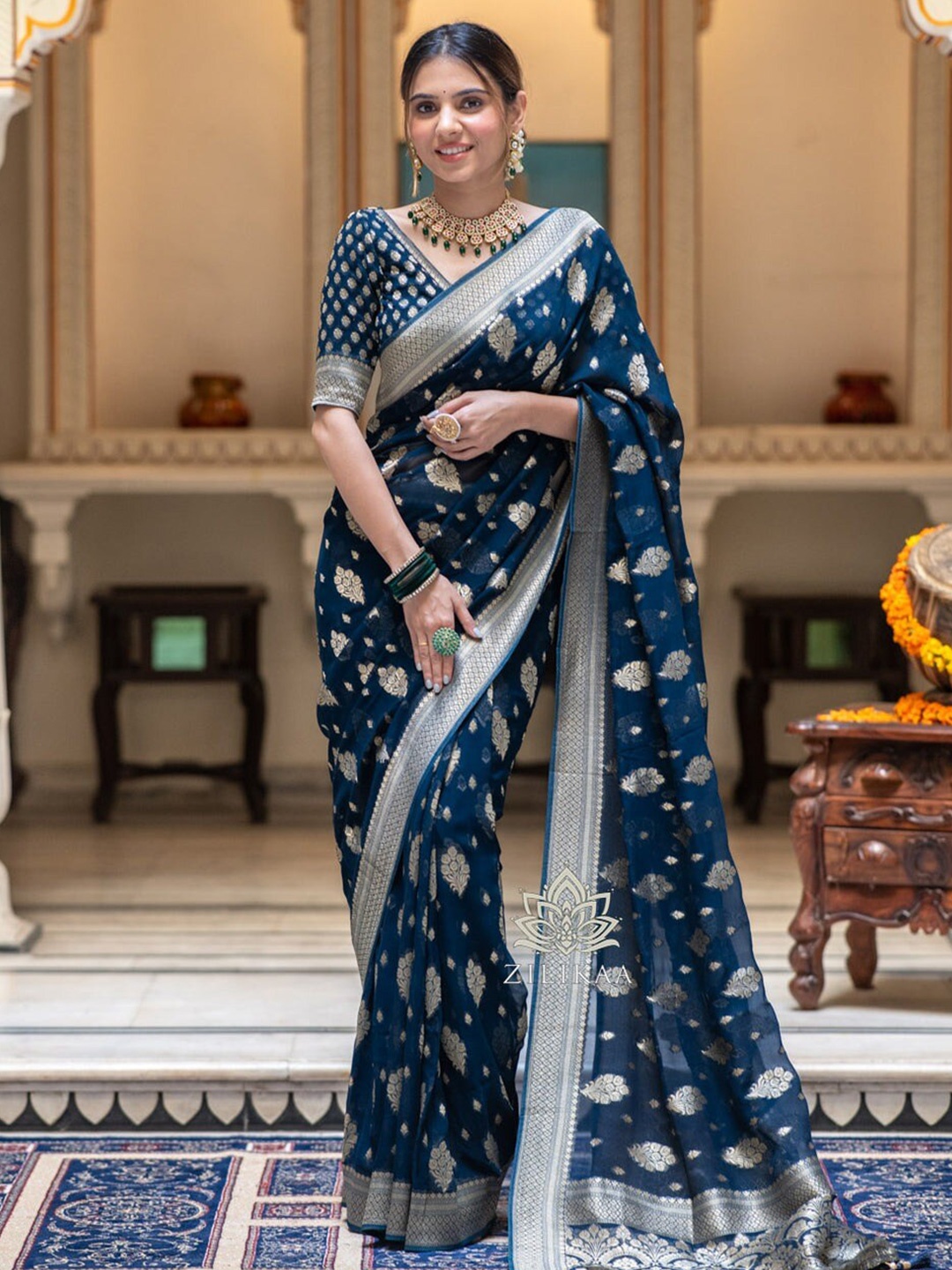

GLORYANCE Ethnic Woven Design Zari Art Silk Banarasi Saree, Blue