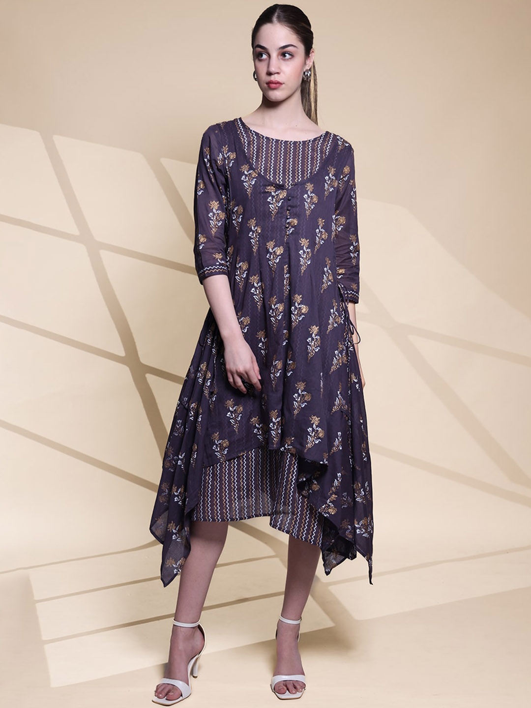 

Anouk Grey Ethnic Motifs Printed Pure Cotton A-Line Ethnic Dress
