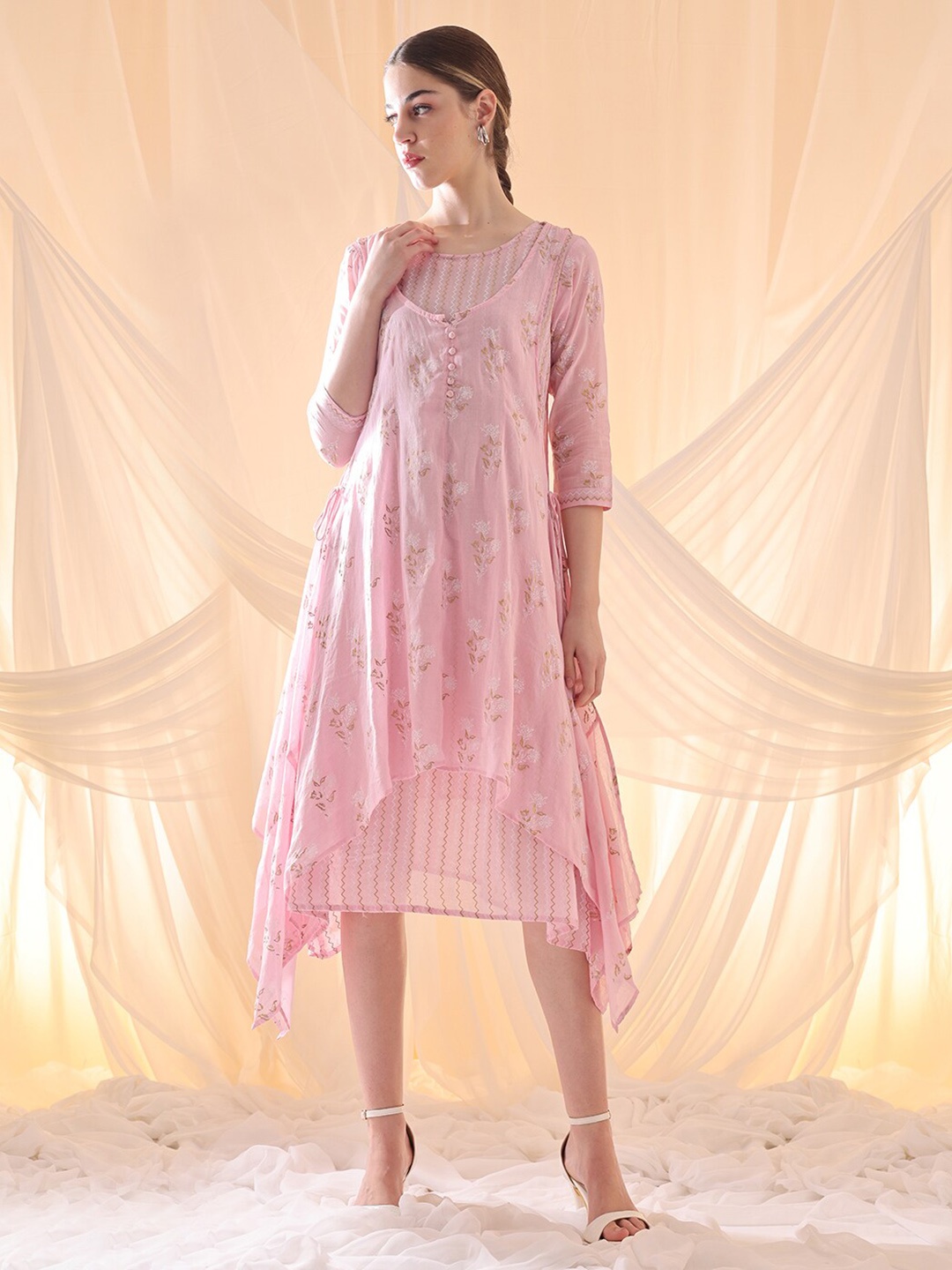 

Anouk Pink Floral Printed Pure Cotton A-line Midi Ethnic Dress