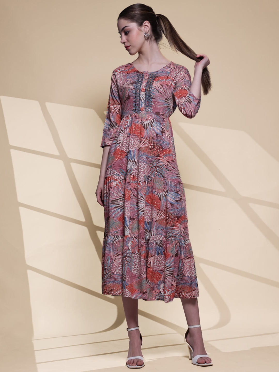 

Anouk Mauve Floral Printed Embroidered Detailed Fit & Flare Midi Ethnic Dress