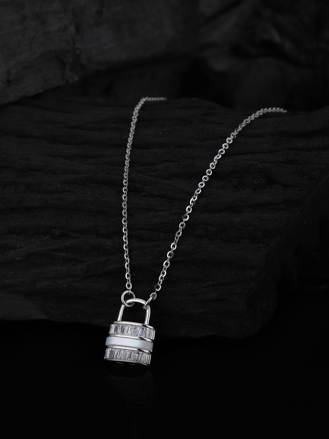 

Carlton London925 Sterling Silver Rhodium Plated with CZ Lock Pendant with Chain