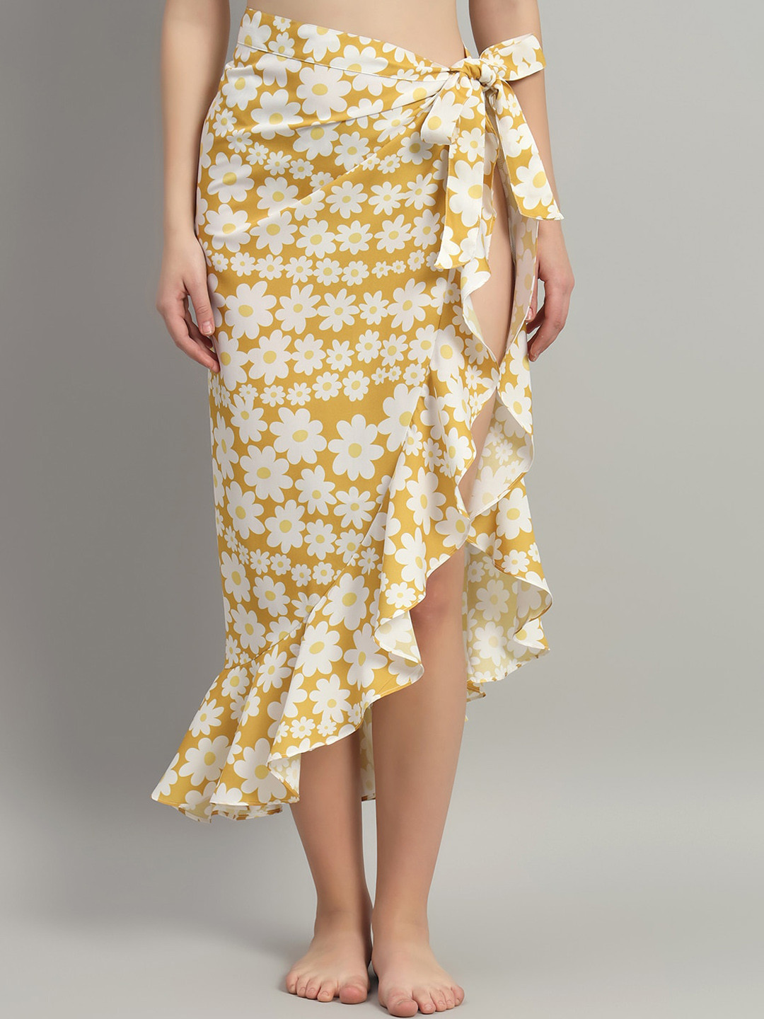 

Beau Design Floral Printed Wrap-Around Cover-Up Sarong Skirt, Yellow