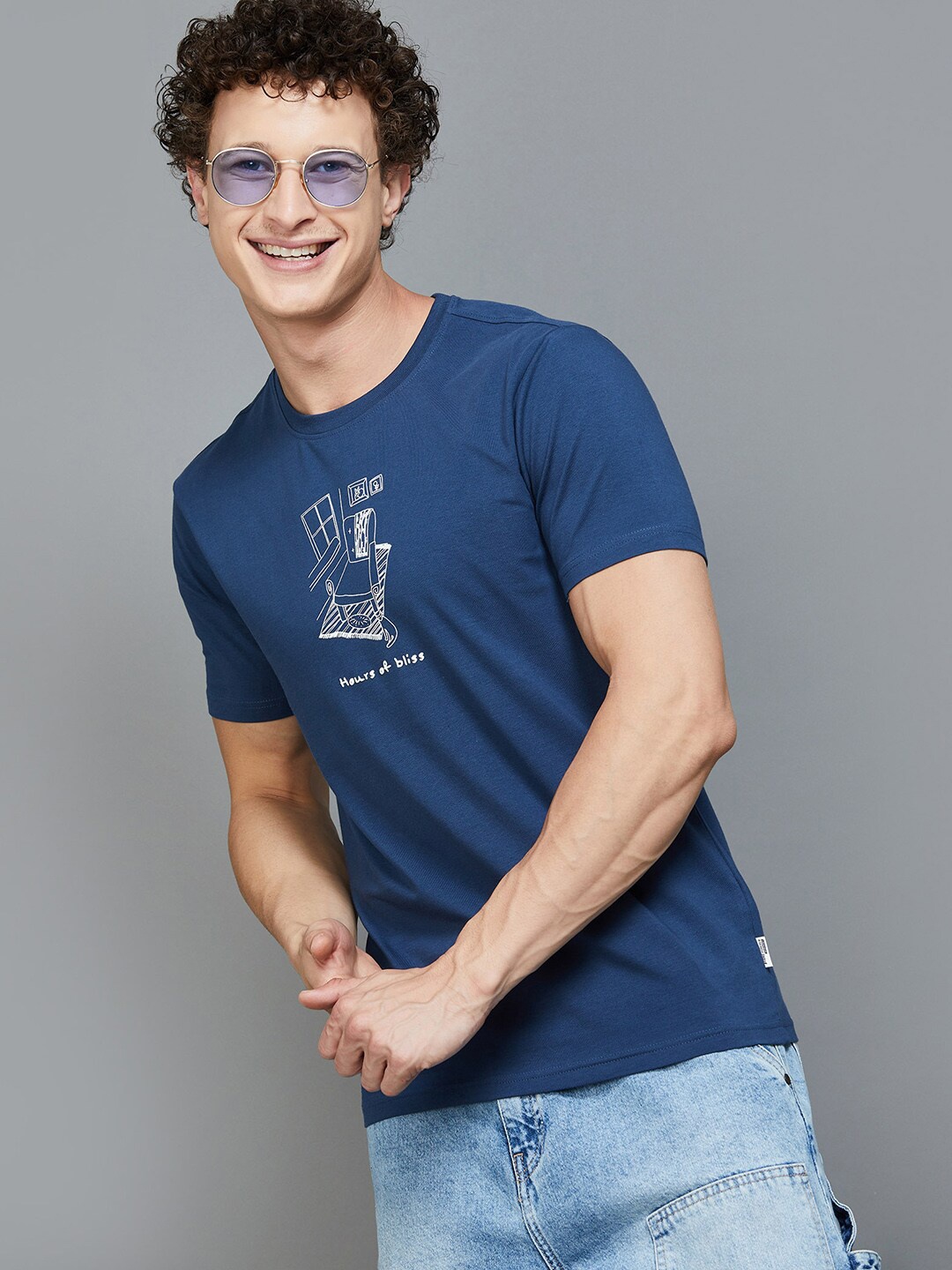 

Fame Forever by Lifestyle Men Typography Printed Round Neck Raw Edge Slim Fit T-shirt, Blue