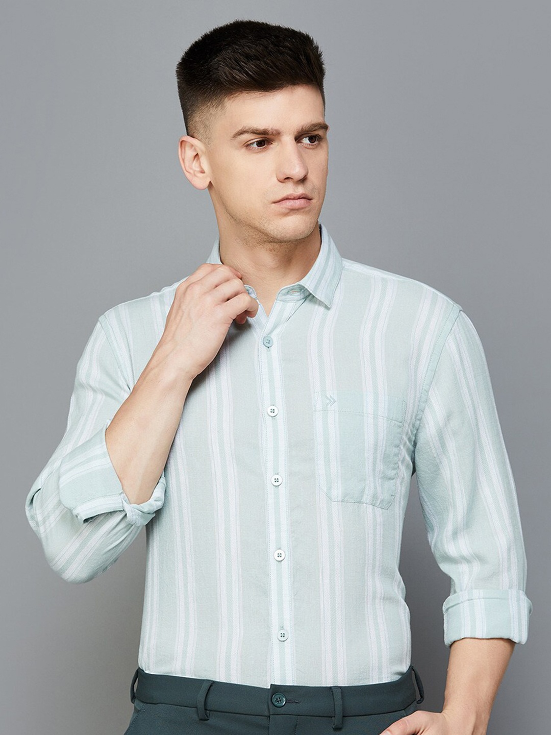 

CODE by Lifestyle Men Opaque Striped Casual Shirt, Turquoise blue