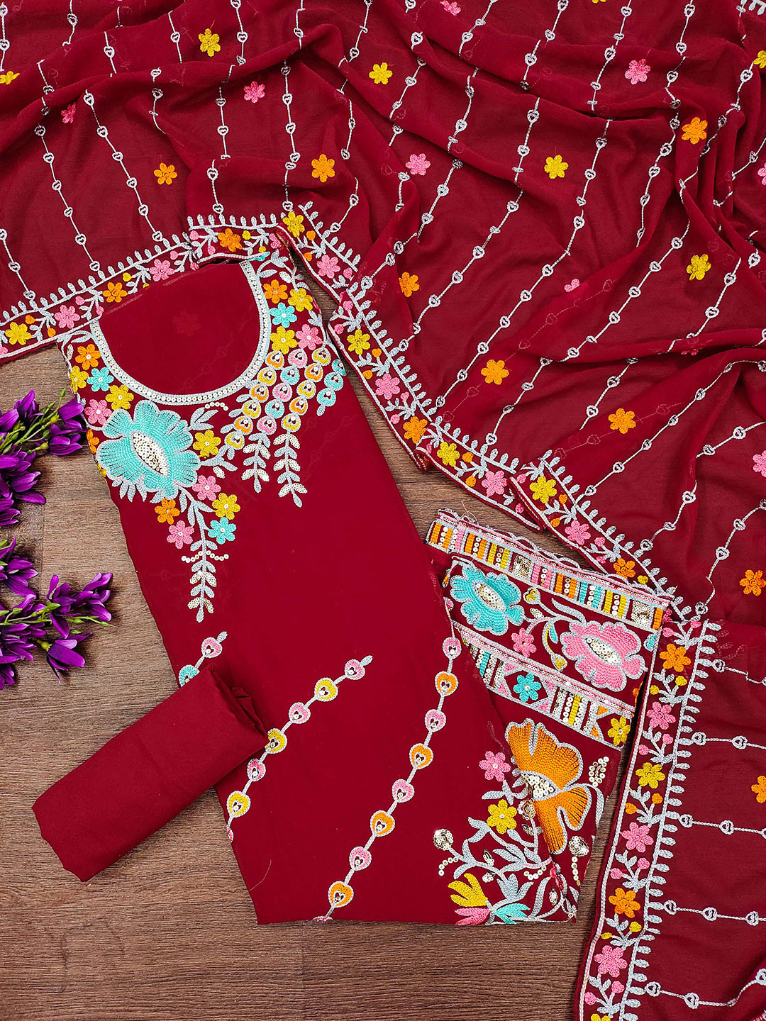 

MANVAA Floral Embroidered Unstitched Dress Material, Red