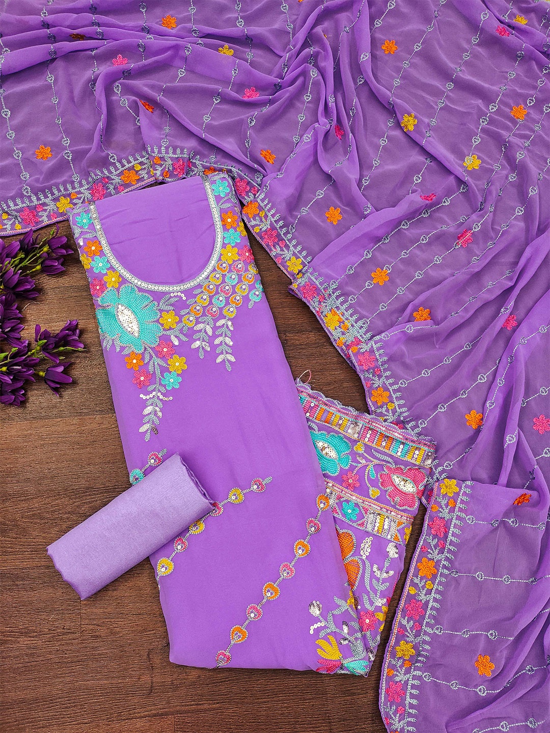 

MANVAA Embellished Unstitched Dress Material, Lavender