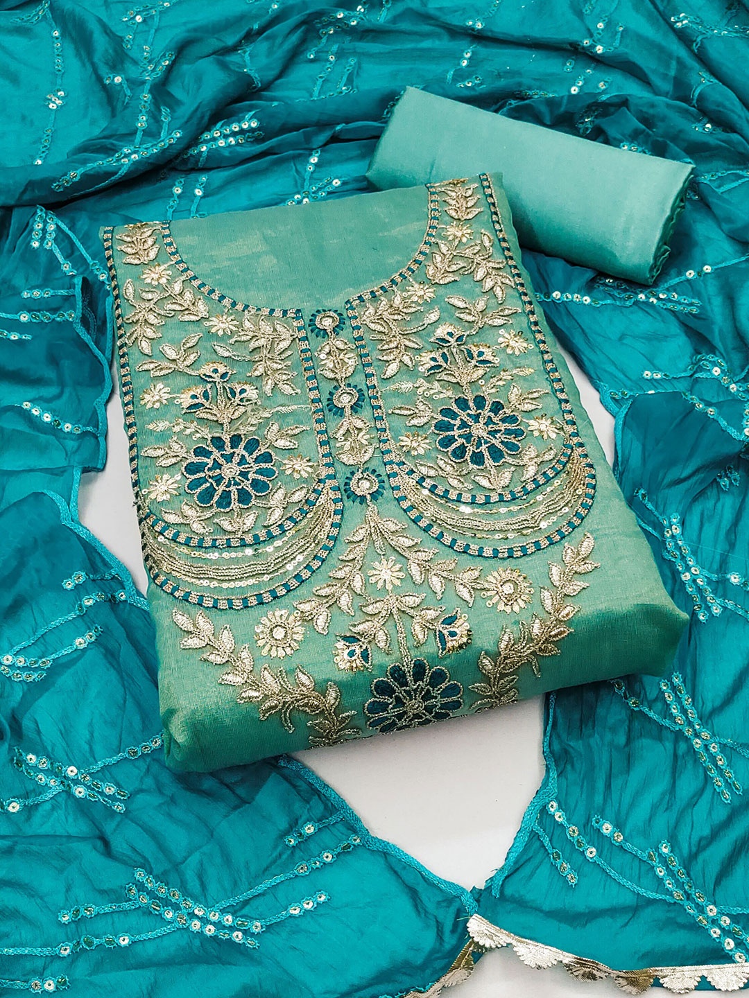 

MANVAA Floral Embroidered Unstitched Dress Material, Sea green