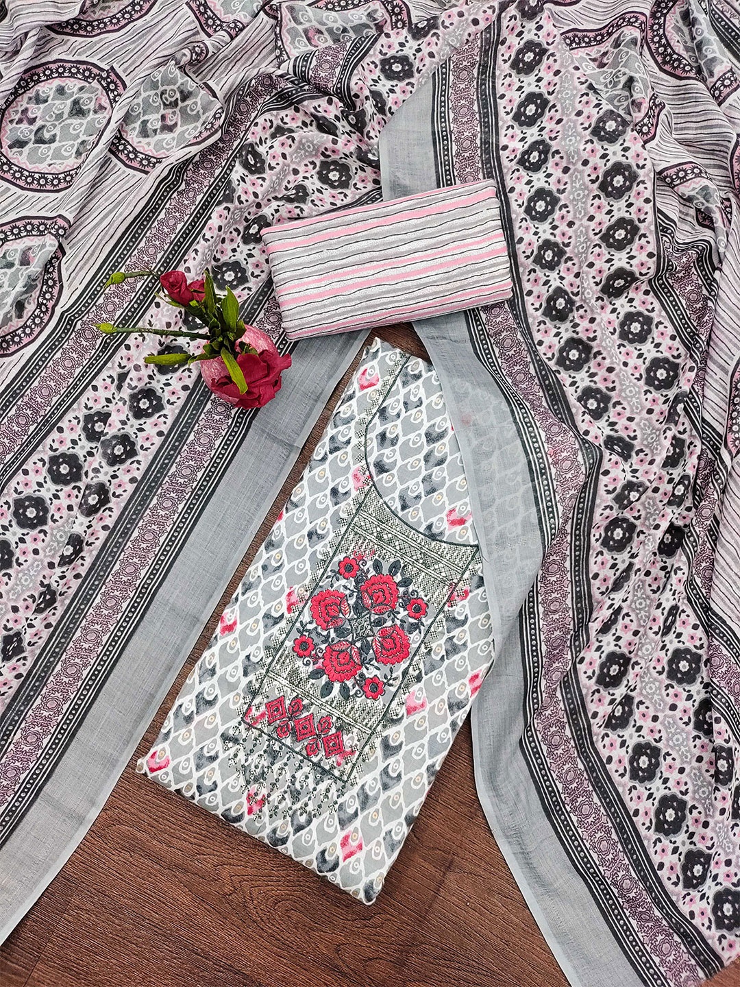 

MANVAA Floral Printed Unstitched Dress Material, White