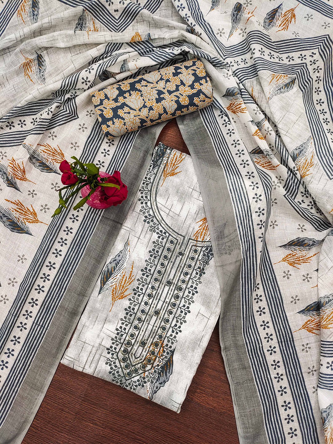 

MANVAA Floral Printed Unstitched Dress Material, White