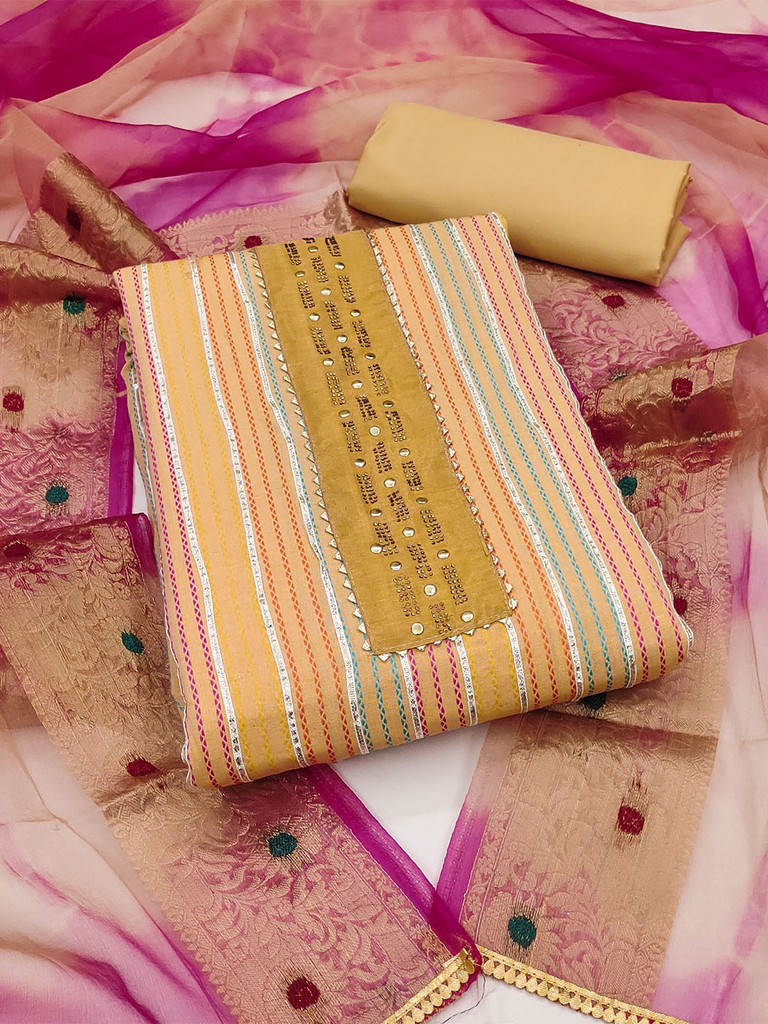 

MANVAA Printed Mirror Work Unstitched Dress Material, Beige