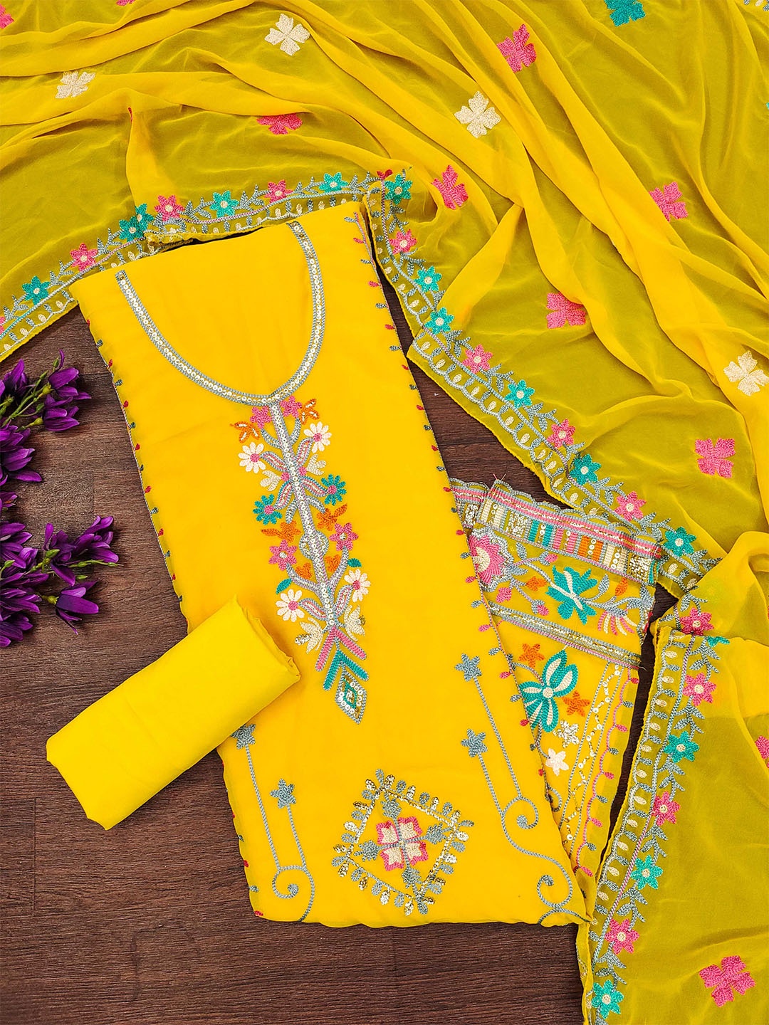 

MANVAA Embellished Unstitched Dress Material, Yellow