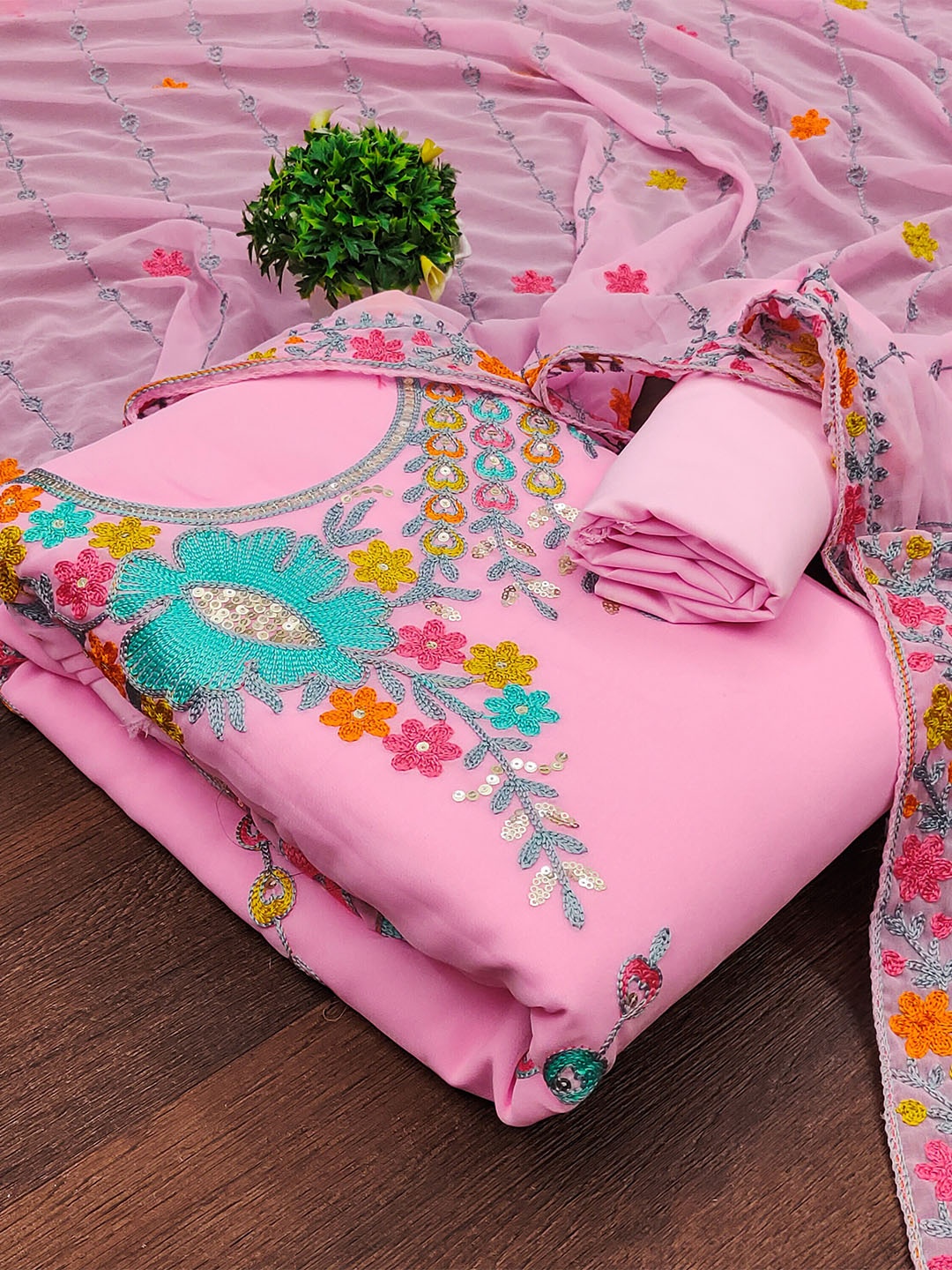 

MANVAA Floral Embroidered Unstitched Dress Material, Pink