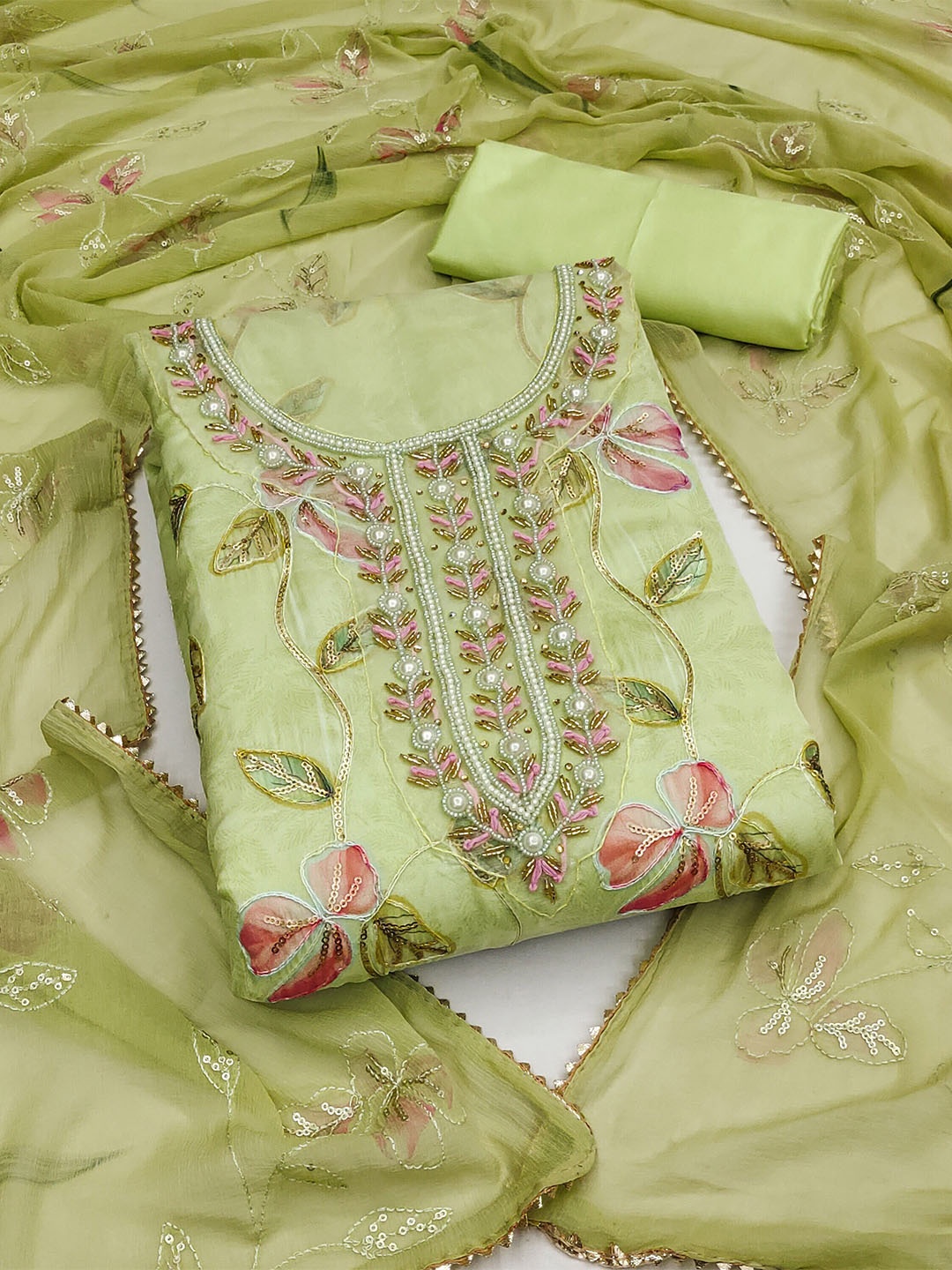 

MANVAA Embellished Organza Unstitched Dress Material, Lime green