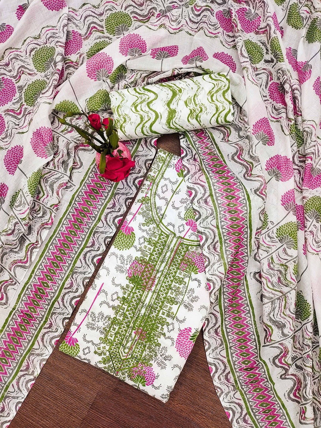 

MANVAA Floral Printed Unstitched Dress Material, White