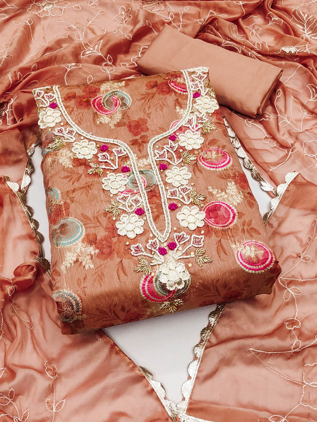 

MANVAA Floral Printed Beads & Stones Unstitched Dress Material, Peach