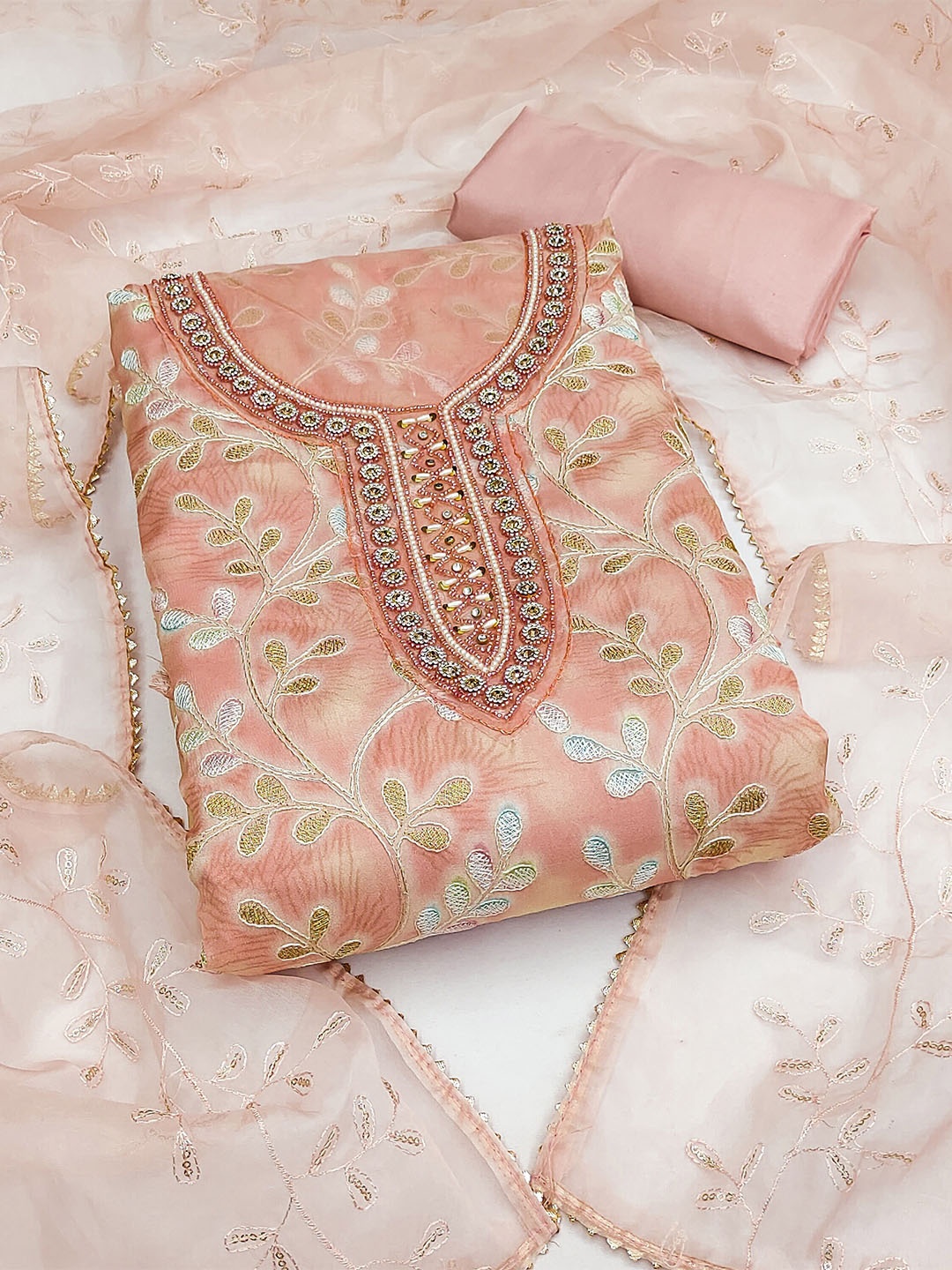 

MANVAA Floral Embellished Zari Unstitched Dress Material, Peach