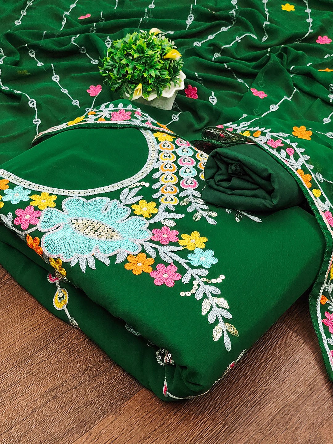 

MANVAA Embellished Unstitched Dress Material, Green