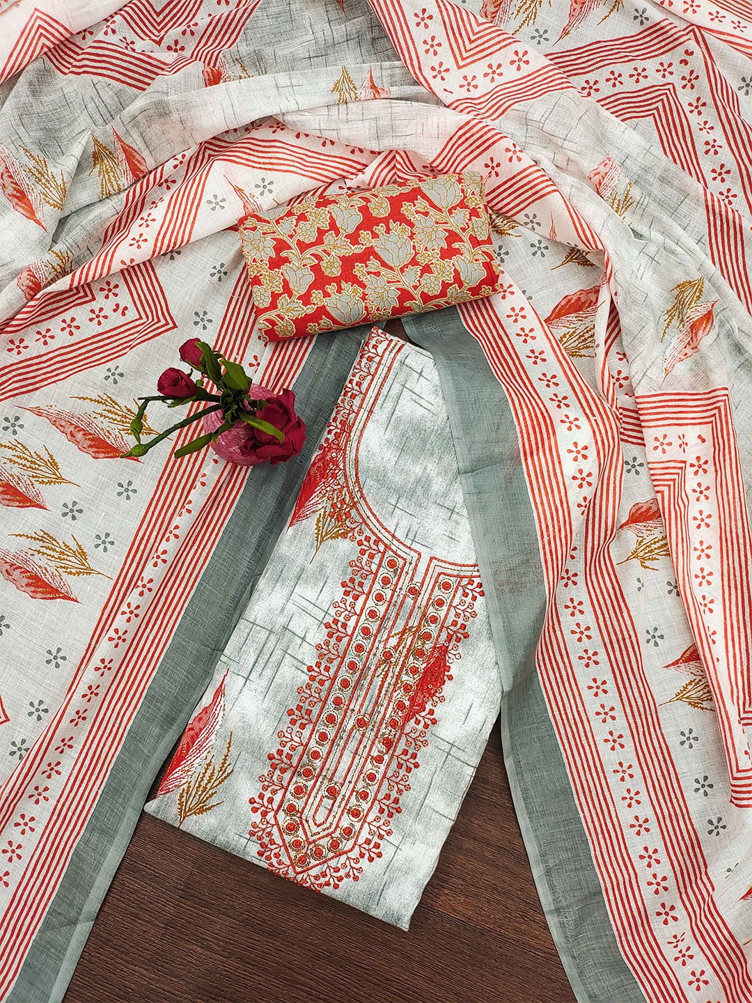 

MANVAA Ethnic Printed Unstitched Dress Material, White