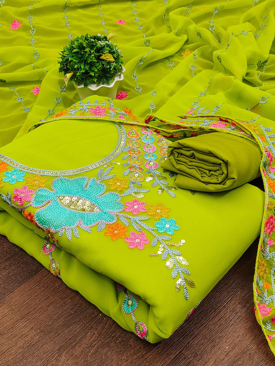 

MANVAA Embellished Unstitched Dress Material, Lime green
