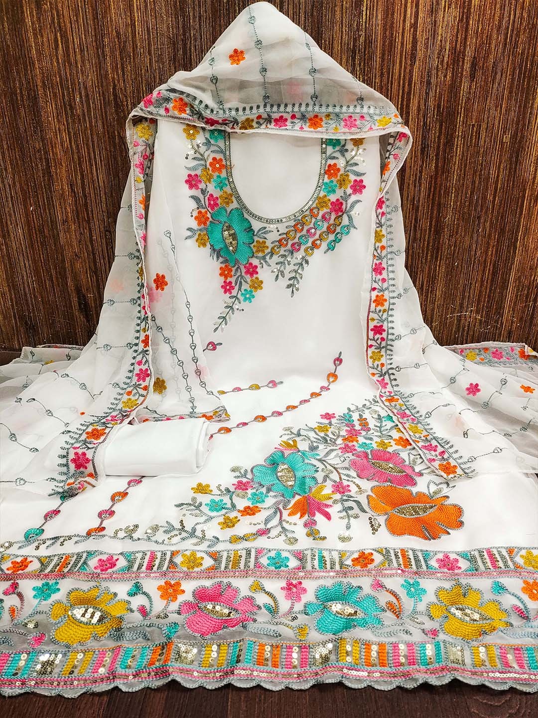 

MANVAA Floral Embroidered Unstitched Dress Material, White