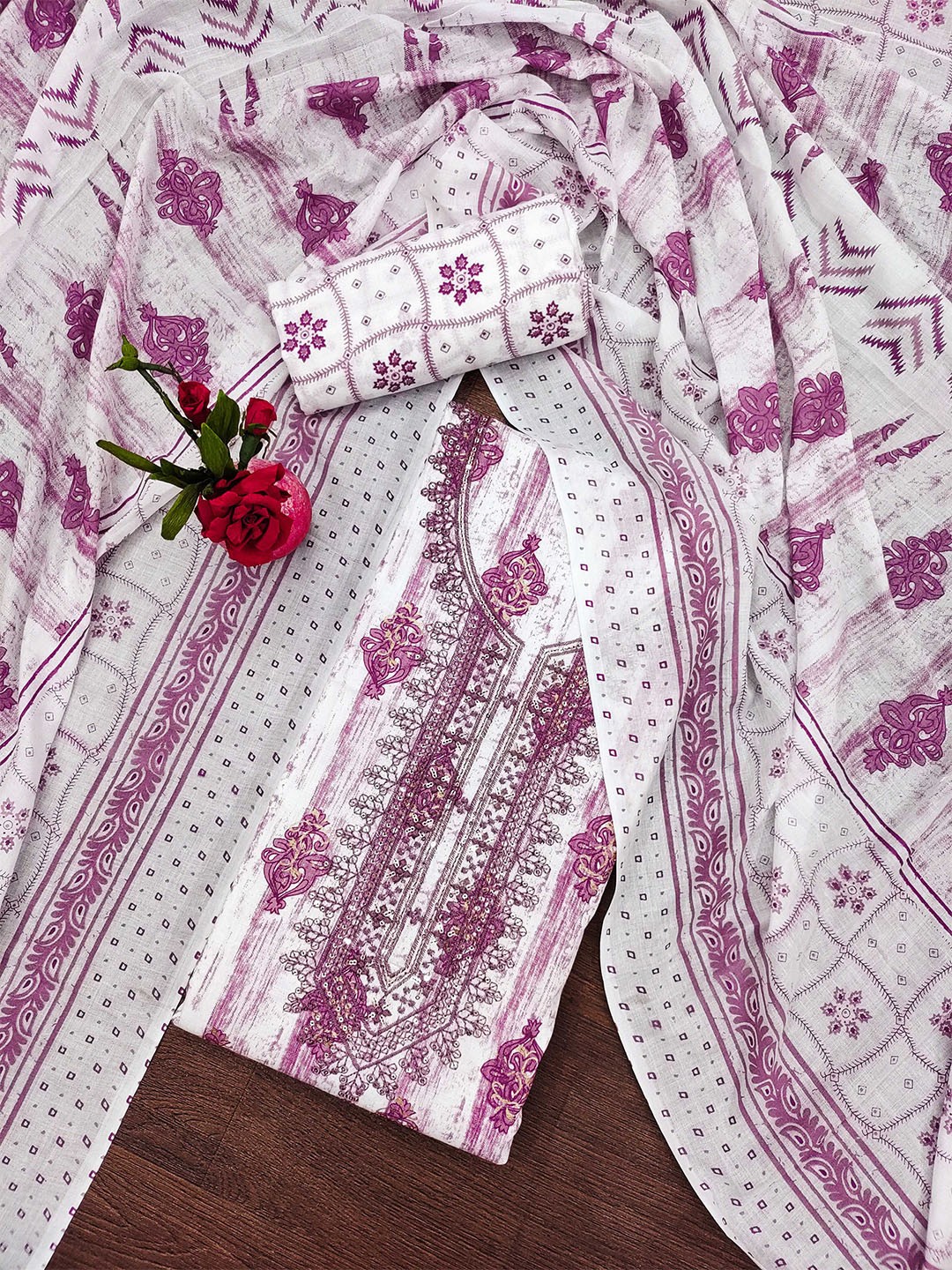 

MANVAA Ethnic Motifs Printed Sequined Unstitched Dress Material, White
