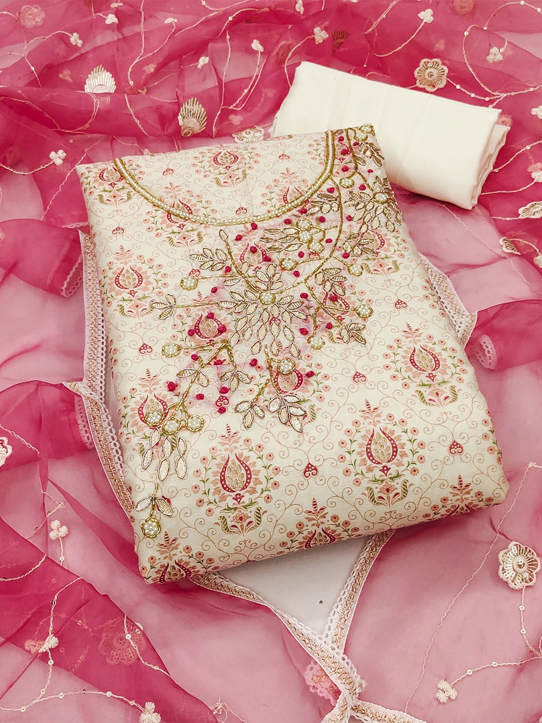 

MANVAA Floral Printed Unstitched Dress Material, Off white