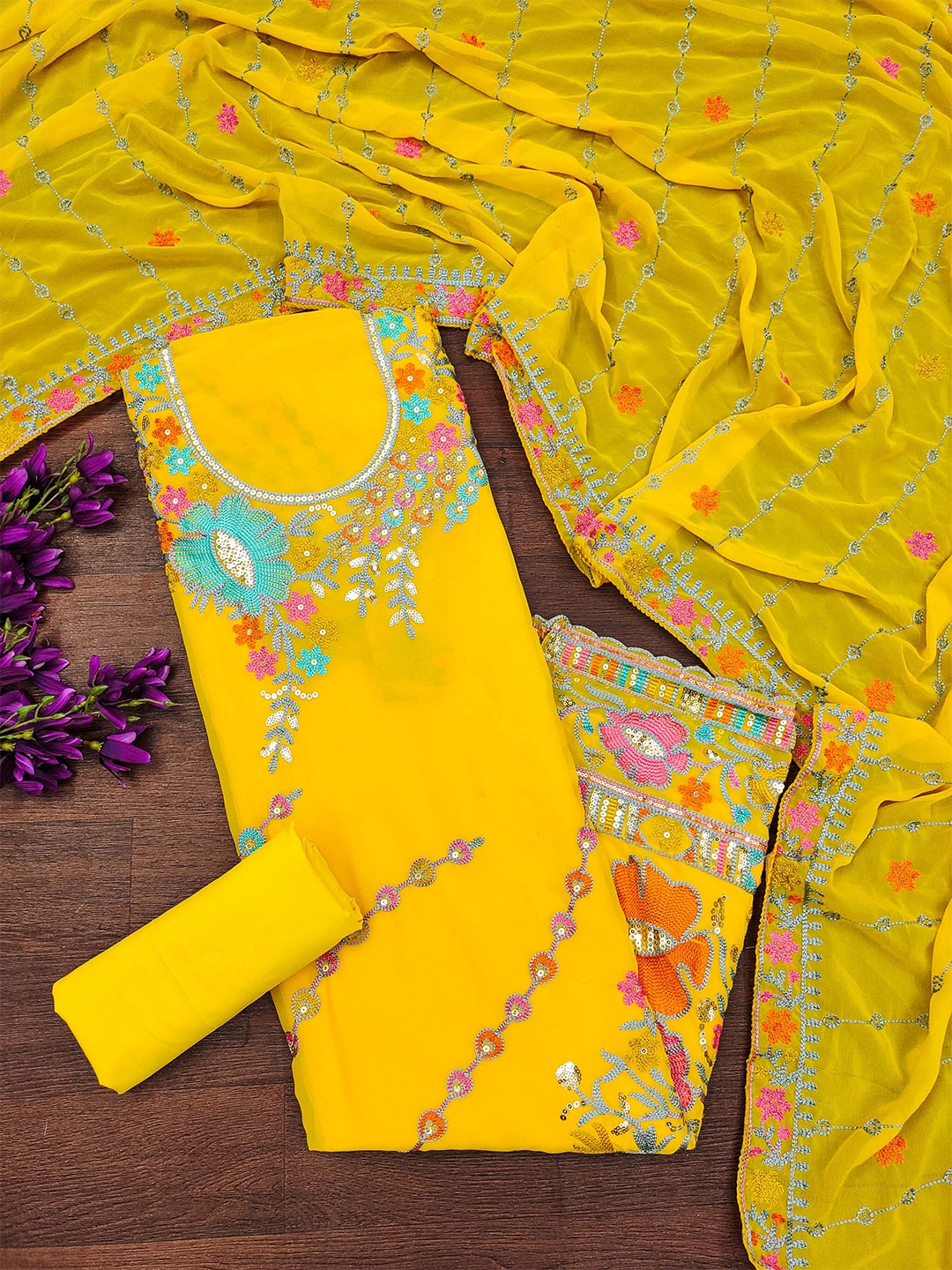 

MANVAA Floral Embellished Sequinned Unstitched Dress Material, Yellow