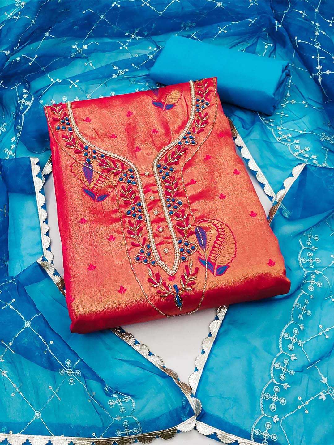 

MANVAA Ethnic Motifs Embellished Beads and Stones Unstitched Dress Material, Pink