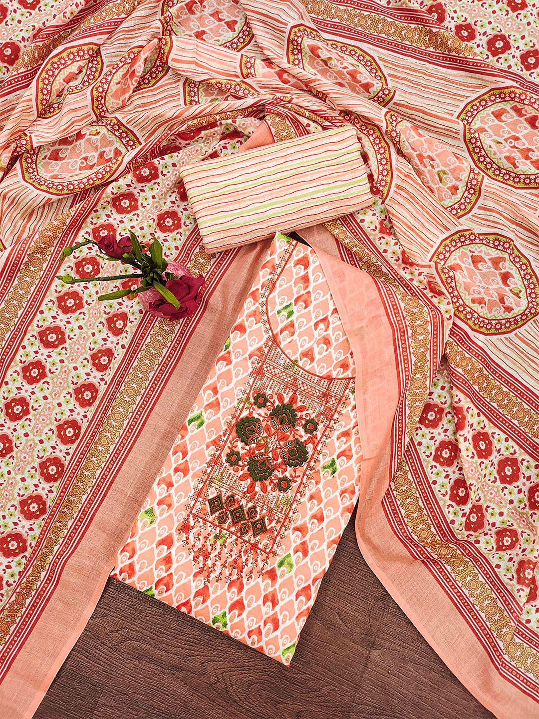 

MANVAA Geometric Printed Sequined Unstitched Dress Material, Peach