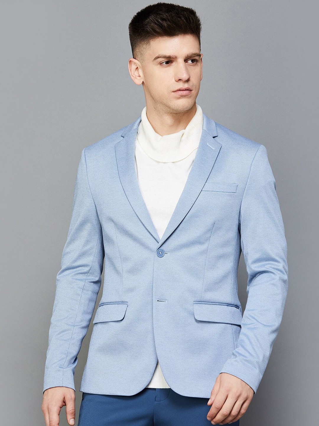 

CODE by Lifestyle Peaked Lapel Long Sleeves Slim-Fit Single-Breasted Blazer, Blue