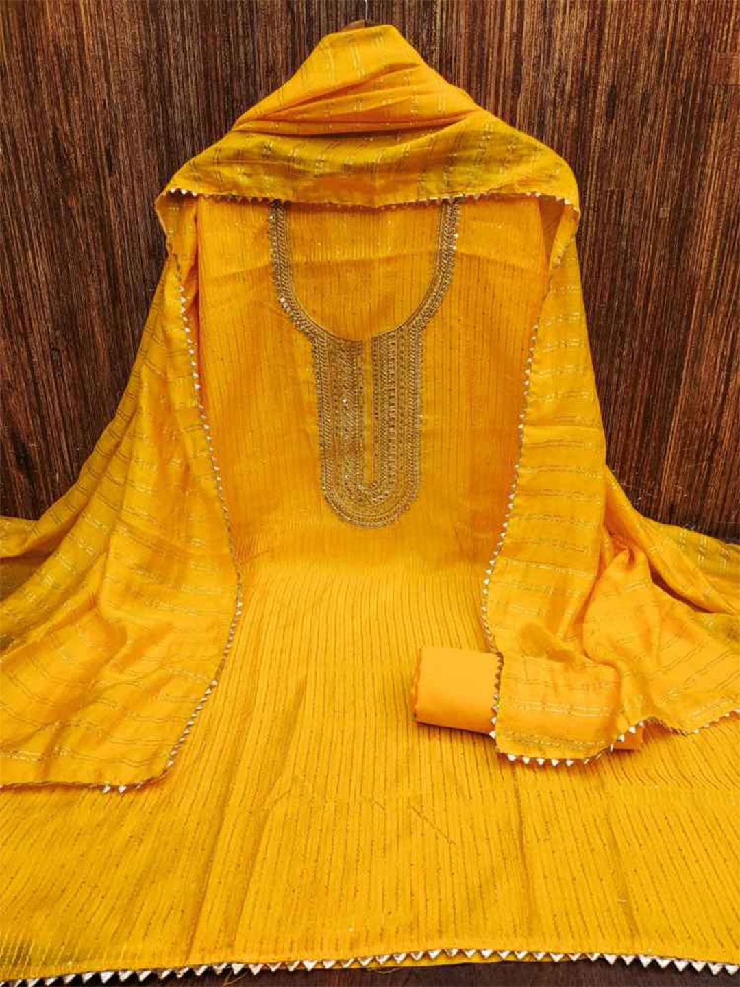 

faxofab Embroidered Silk Georgette Unstitched Dress Material, Yellow