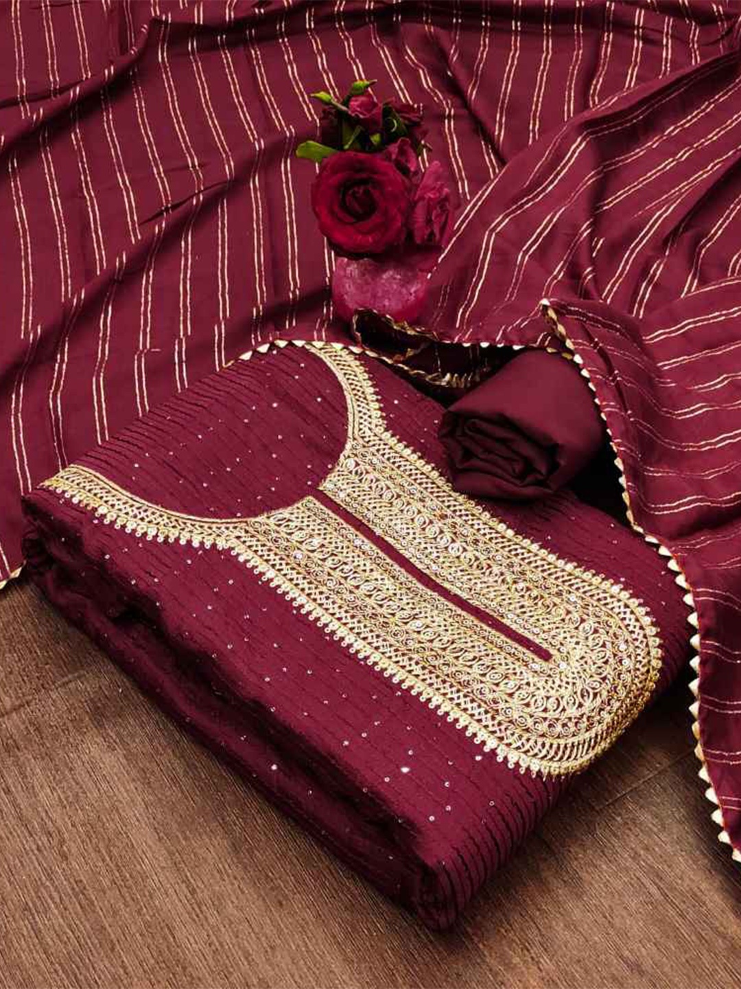 

faxofab Ethnic Motifs Embellished Silk Georgette Unstitched Dress Material, Maroon