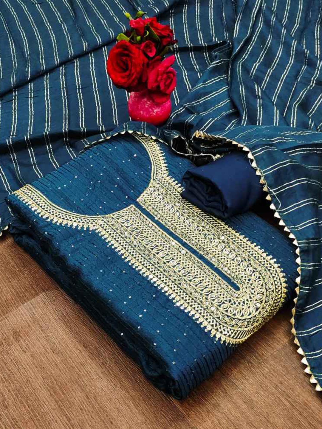 

faxofab Embroidered Silk Georgette Unstitched Dress Material, Blue