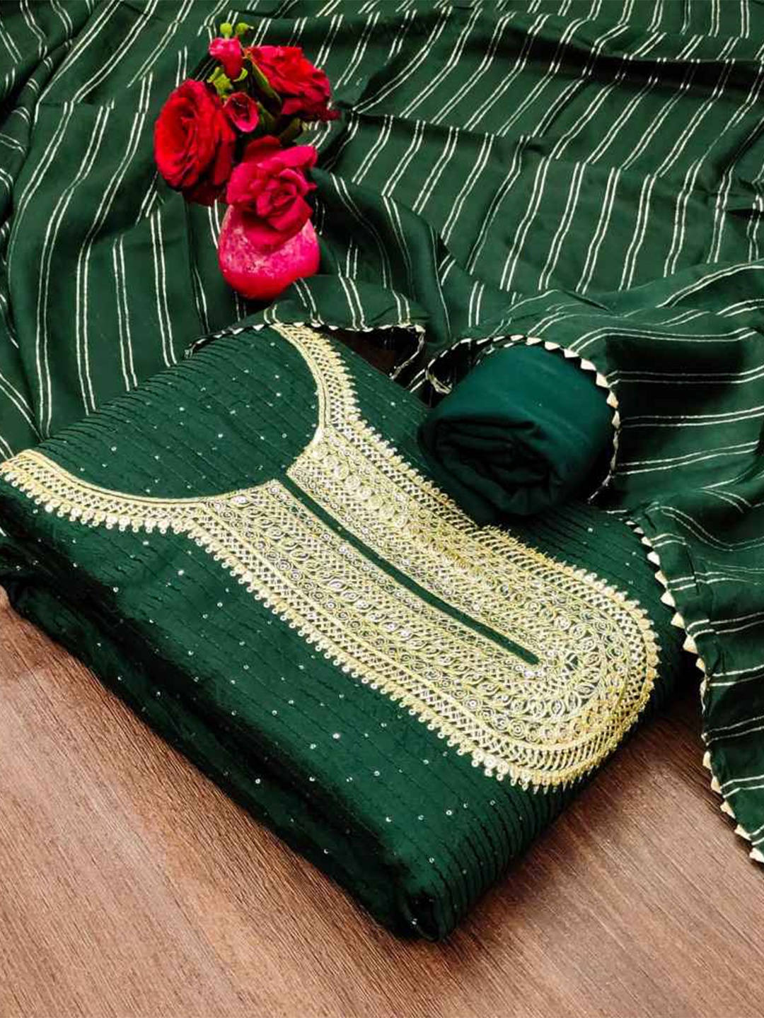 

faxofab Embroidered Silk Georgette Unstitched Dress Material, Green