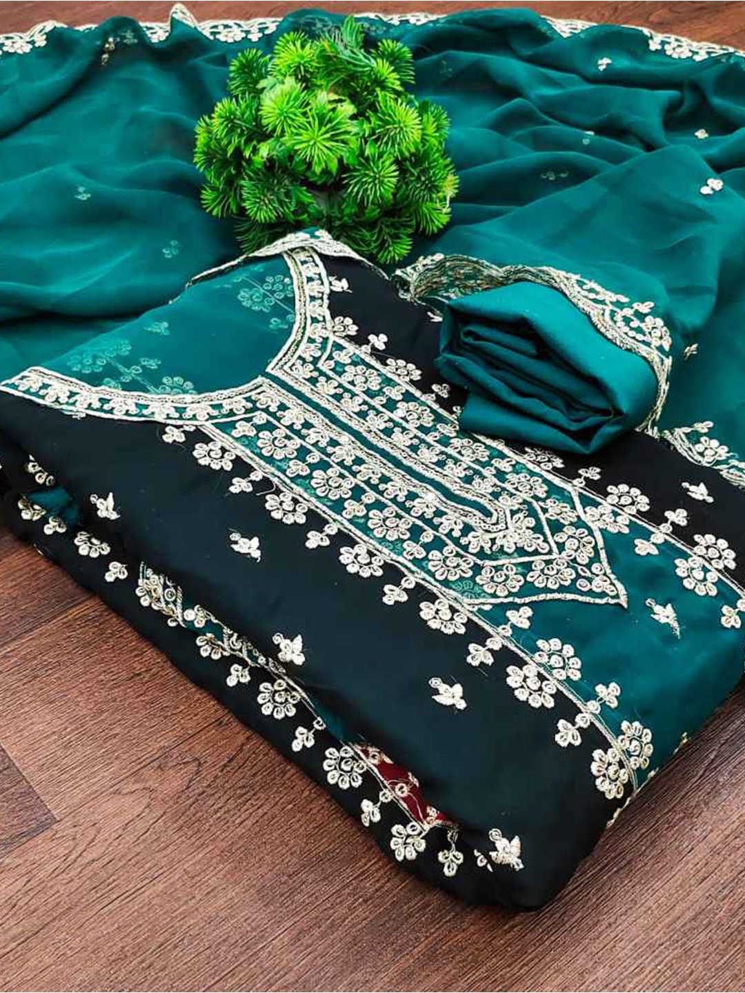 

faxofab Embroidered Silk Georgette Unstitched Dress Material, Blue