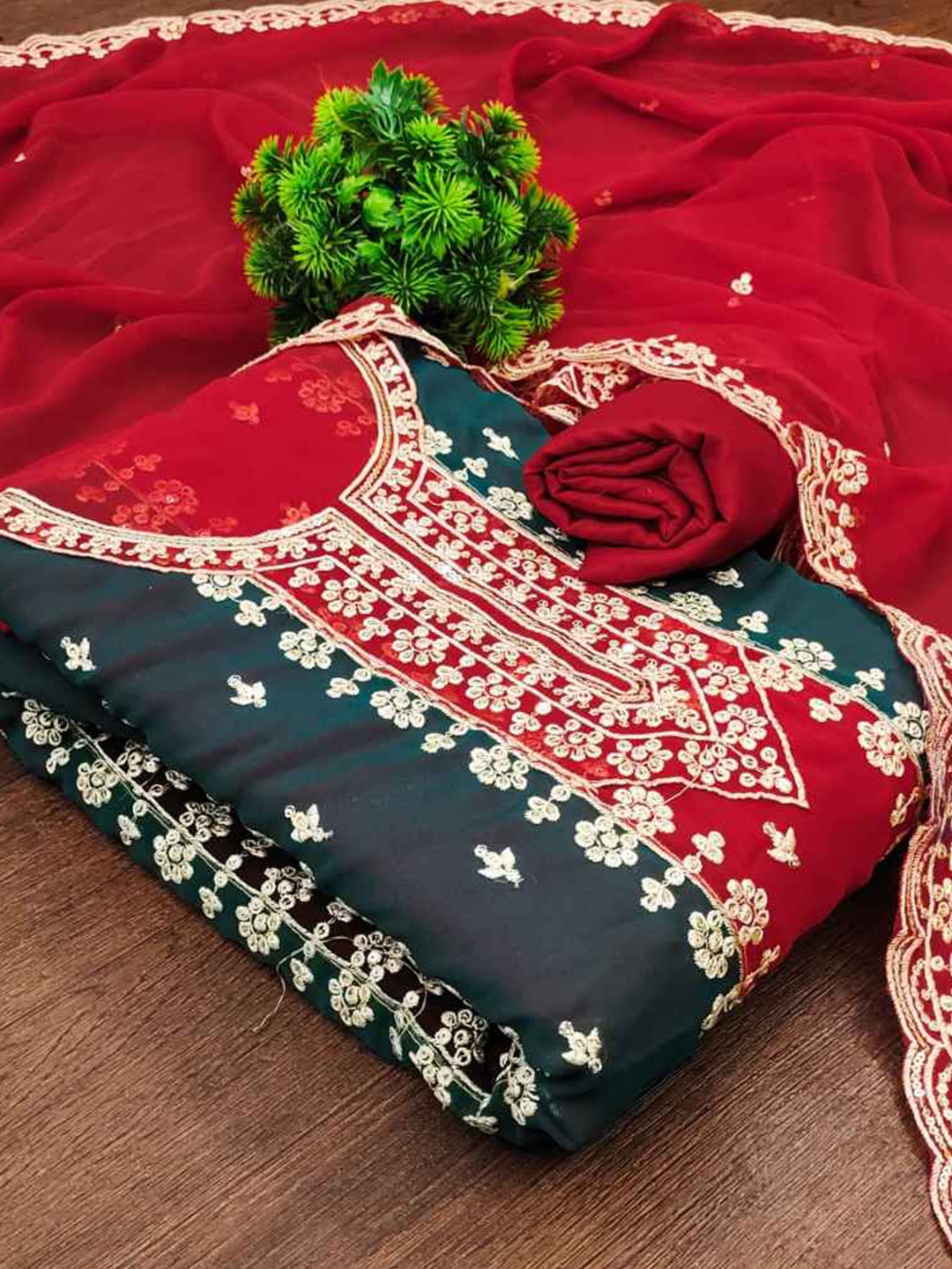 

faxofab Ethnic Motifs Embroidered Silk Georgette Unstitched Dress Material, Red