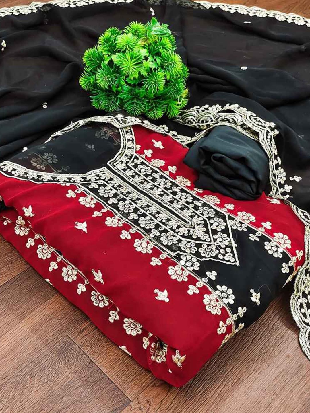 

faxofab Ethnic Motifs Embroidered Silk Georgette Unstitched Dress Material, Black
