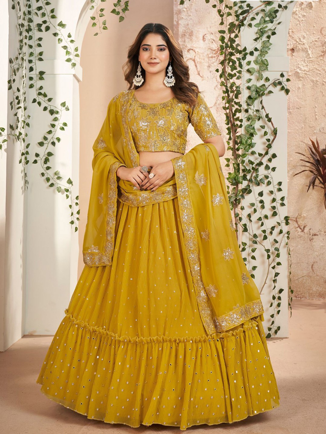 

ODETTE Embroidered Sequinned Semi-Stitched Lehenga & Blouse With Dupatta, Mustard
